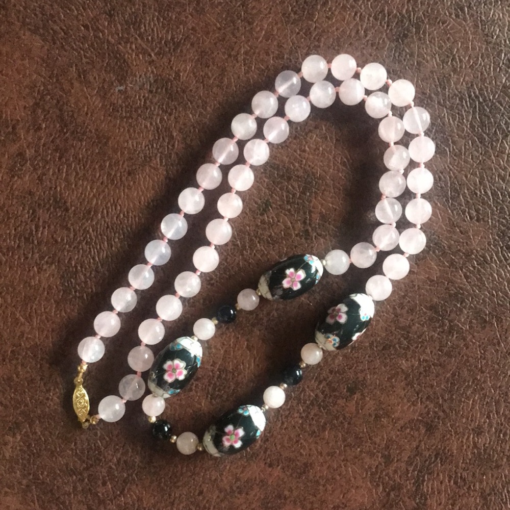 Vintage Pink and Black Cloisonné Beaded Necklace